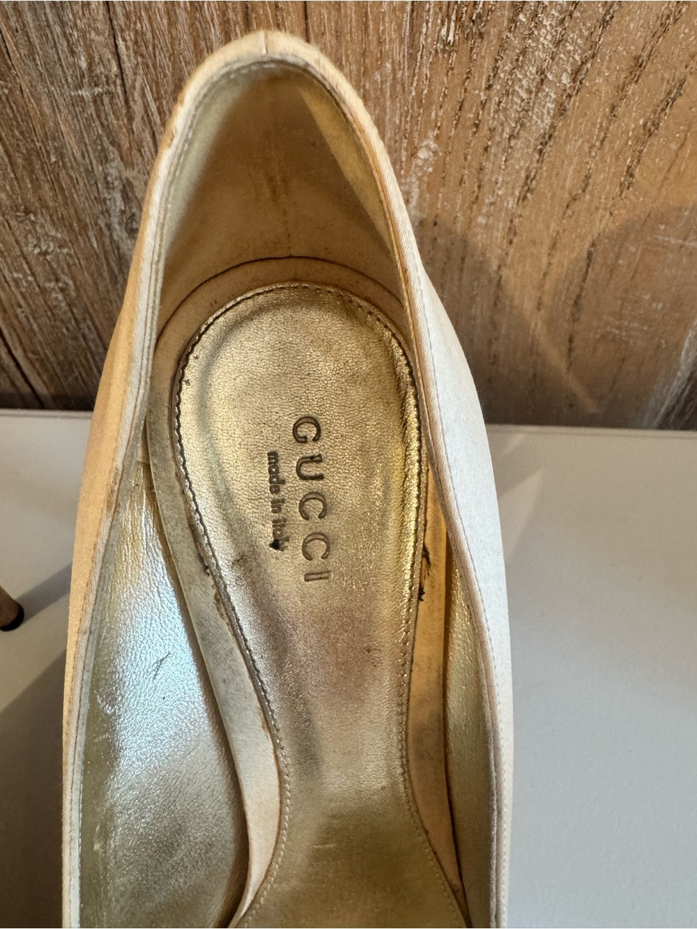 Gucci Cream Satin Peep-Toe Pumps with Crystal Horsebit Detail - Picture 2 of 5